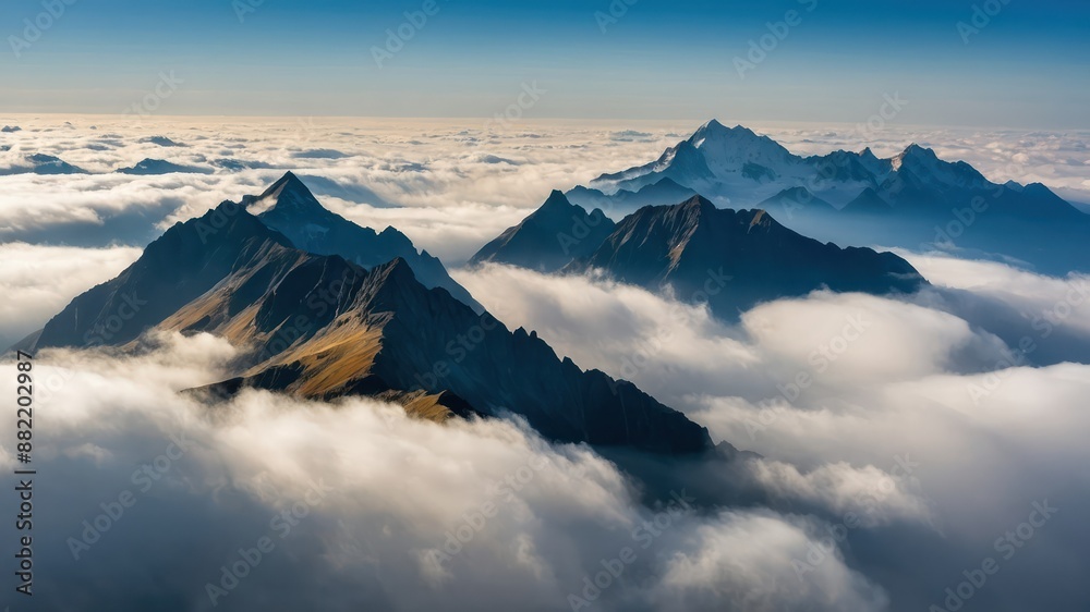 Obraz premium A breathtaking mountain landscape with peaks rising through the clouds, offering a serene and majestic view, perfect for adventure, travel, and nature appreciation