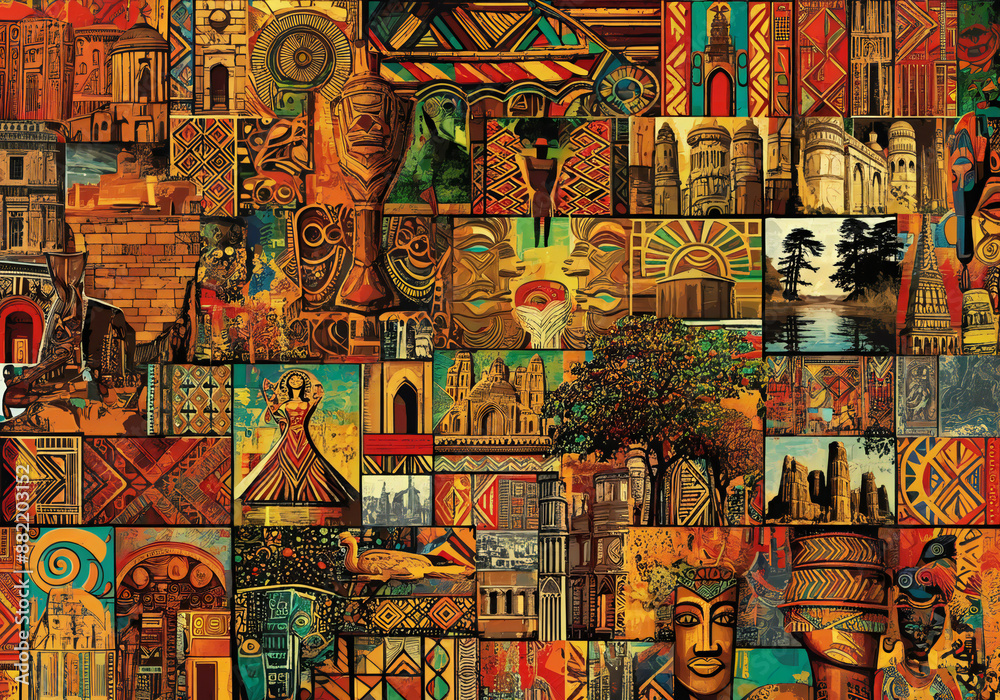 Obraz premium Abstract background with African mosaic landmarks and cultural art forms in vibrant collage.