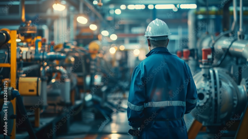 Factory worker in blue uniform and white hard hat inspecting industrial machinery. Emphasizes safety and attention to detail in the workplace. Factory worker in blue uniform and white hard hat inspecting industrial machinery. Emphasizes safety and attention to detail in the workplace.