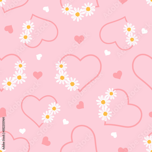 Seamless pattern with chamomile daisy flower and heart on pink background vector.