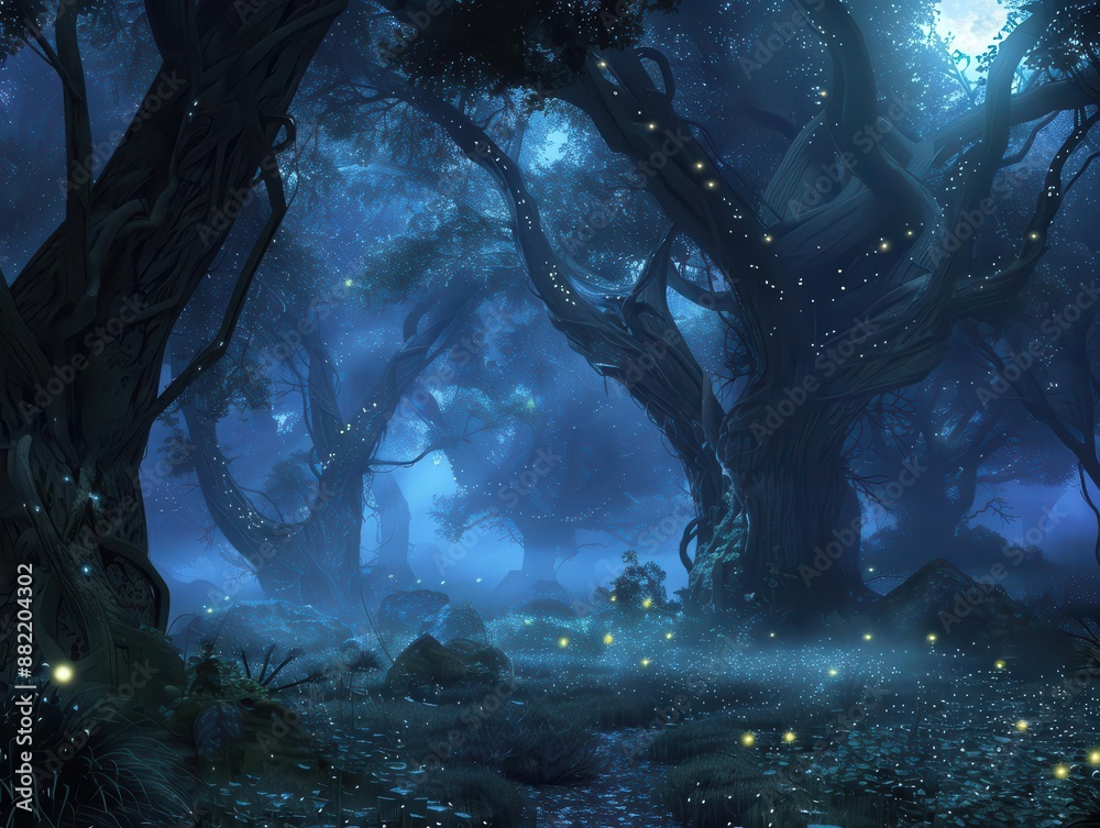 enchanted nighttime forest scene with bioluminescent plants fireflies and a mystical fog moonlight filtering through ancient trees enchanted nighttime forest scene with bioluminescent plants fireflies and a mystical fog moonlight filtering through ancient trees