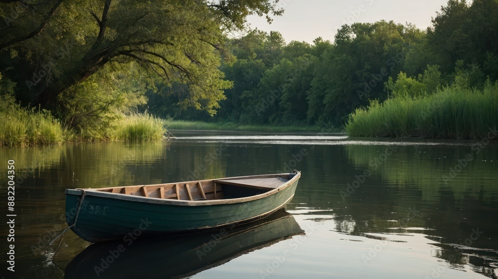 A solitary boat rests on a serene river surrounded by lush greenery and trees, offering a sense of tranquility and nature's beauty