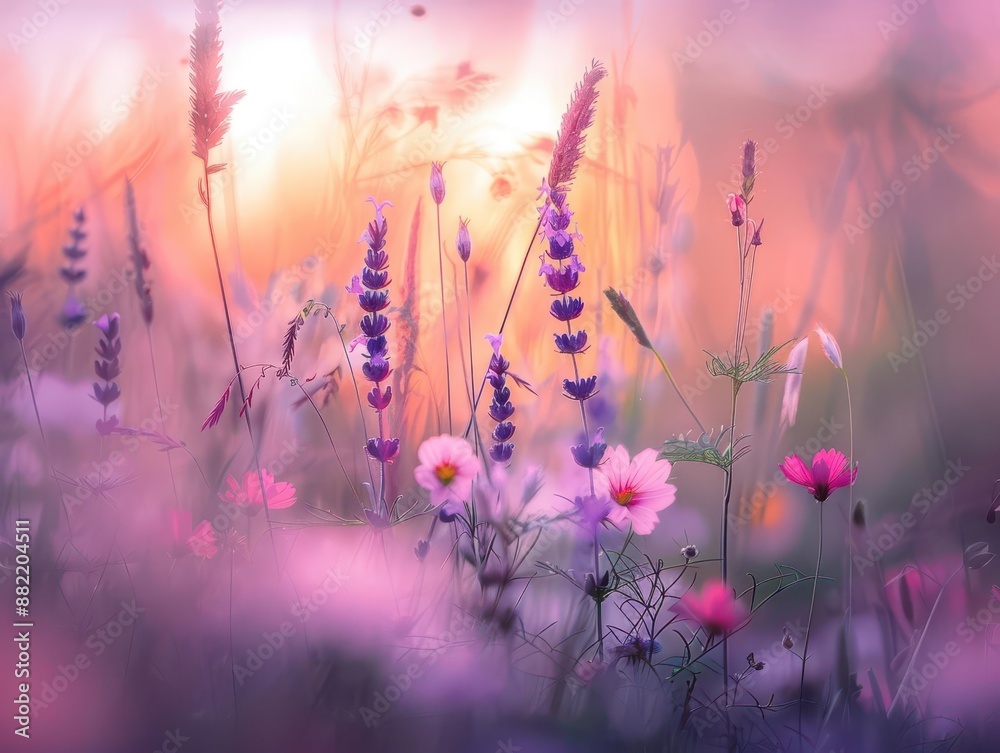 enchanted wildflower meadow dreamy sunset hues soft focus foreground purple and pink blooms ethereal atmosphere enchanted wildflower meadow dreamy sunset hues soft focus foreground purple and pink blooms ethereal atmosphere