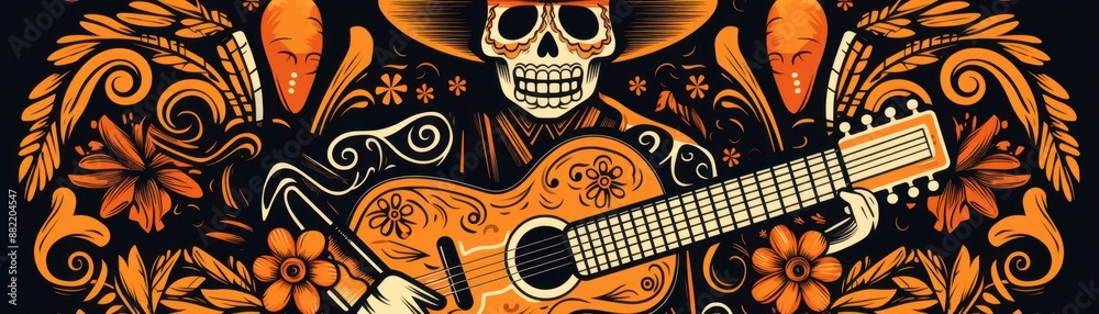 Vibrant Day of the Dead illustration with a skeleton playing a guitar, adorned with floral and decorative motifs, in rich orange and black hues. Vibrant Day of the Dead illustration with a skeleton playing a guitar, adorned with floral and decorative motifs, in rich orange and black hues.