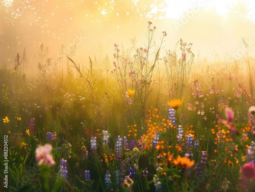 enchanted spring meadow bursting with vibrant wildflowers soft morning mist and golden sunlight create a dreamy fairytalelike atmosphere photo