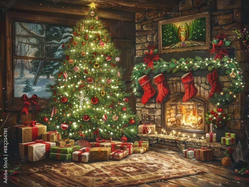 enchanting christmas scene with a majestic fir tree adorned in twinkling lights and ornaments cozy fireplace with stockings and beautifully wrapped gifts scattered beneath the tree enchanting christmas scene with a majestic fir tree adorned in twinkling lights and ornaments cozy fireplace with stockings and beautifully wrapped gifts scattered beneath the tree