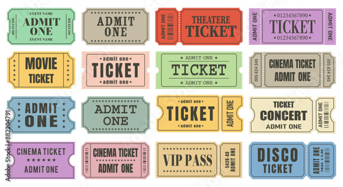 Vector set of admit one tickets template. Ticket for cinema,movie,circus,theater,film,festival,casino,club,music etc. Event admission, entrance pass set .Vector illustration