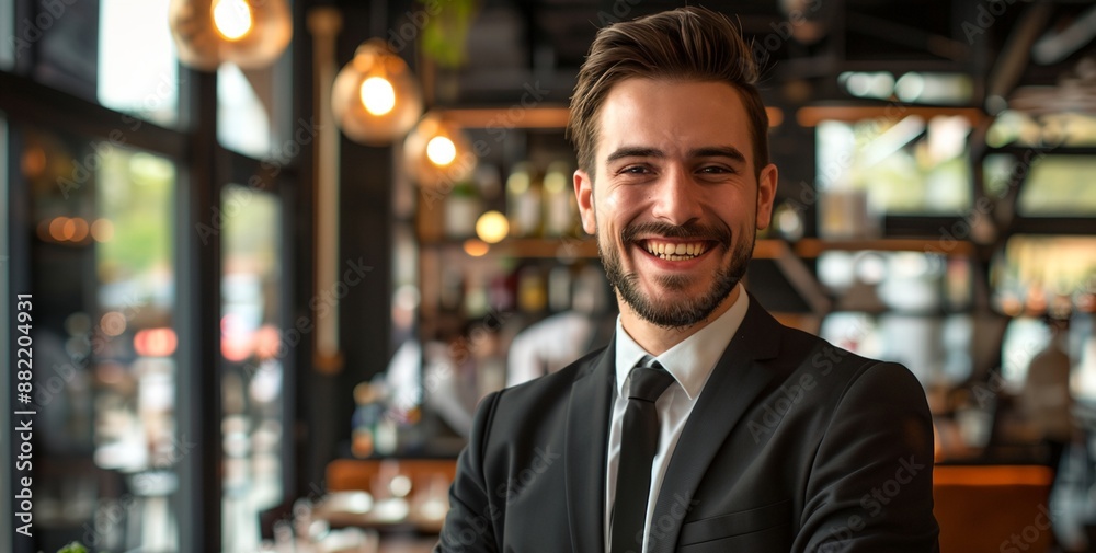 a man in a suit and tie smiling for the camera in a restaurant with a plant in the foreground.. a man in a suit and tie smiling for the camera in a restaurant with a plant in the foreground..