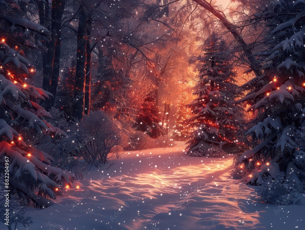 enchanting winter forest scene bathed in a warm red glow creating a magical christmas atmosphere with snowcovered trees and twinkling lights enchanting winter forest scene bathed in a warm red glow creating a magical christmas atmosphere with snowcovered trees and twinkling lights