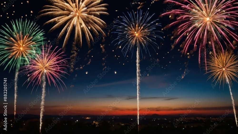 A vibrant fireworks display lights up the night sky, perfect for holiday celebrations, festivals, and events, capturing the joy and excitement of the occasion A vibrant fireworks display lights up the night sky, perfect for holiday celebrations, festivals, and events, capturing the joy and excitement of the occasion