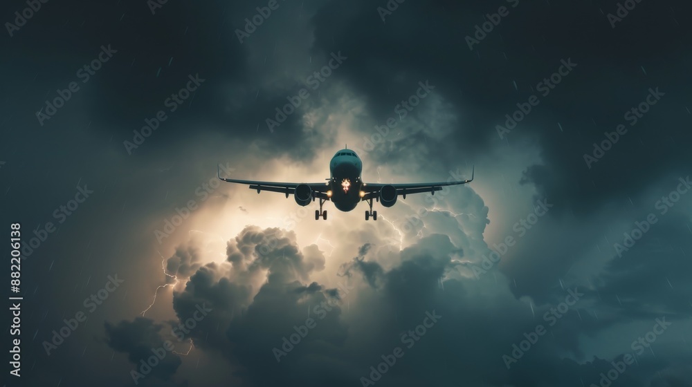 A plane flying through a thunderstorm front A plane flying through a thunderstorm front
