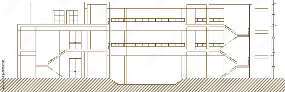 Vector silhouette illustration sketch drawing detailed architectural engineering design of modern contemporary abstract supermarket building