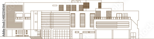 Vector silhouette illustration sketch drawing detailed architectural engineering design of modern contemporary abstract supermarket building