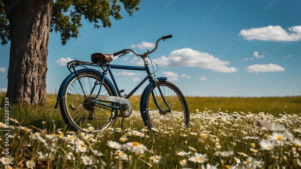 Naklejka premium Vintage bicycle leaning on a tree amidst a lush field of daisies under a clear blue sky, evoking a serene and peaceful outdoor atmosphere