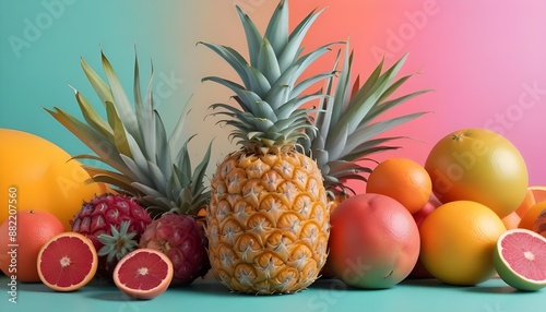 A colorful still life arrangement featuring a pineapple and some other fruits