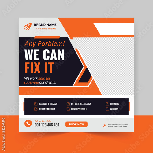 Plumbing service social media post design. Professional plumbing service flyer poster template.