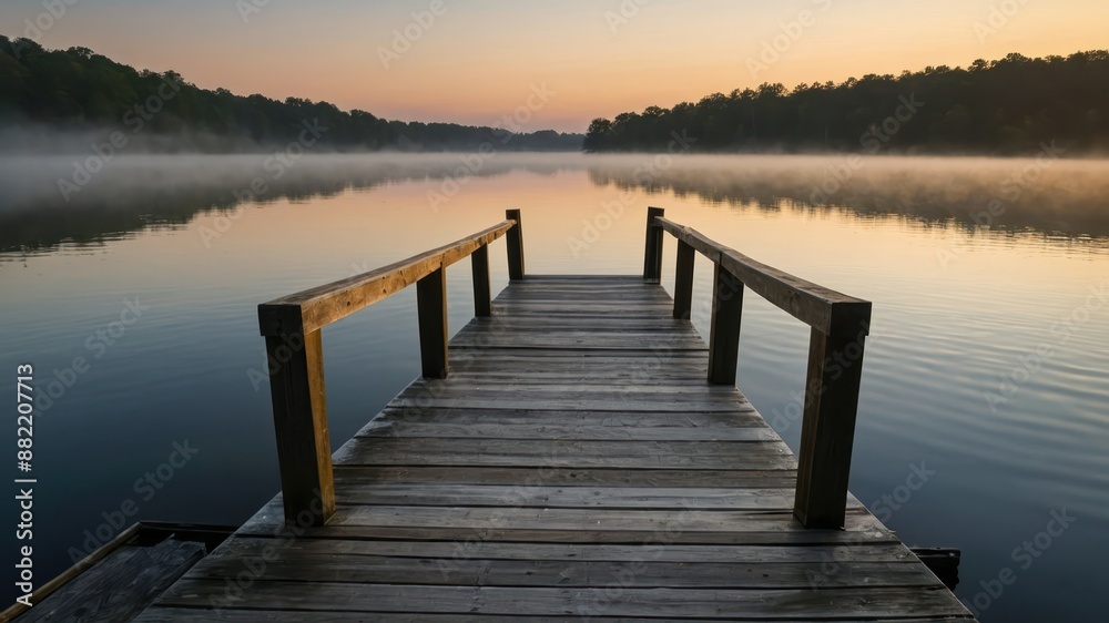 A wooden dock extends over a calm lake surrounded by trees at sunrise, with mist hovering over the water, creating a serene and tranquil atmosphere