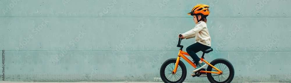 Naklejka premium Child learning to ride a bike, physical growth, activity followed by resting break