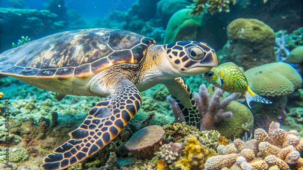 Vertical video, Hawksbill Se Turtle or Biss (Eretmochelys imbricata) sitting on deep of coral reef and eating brown algae, Sailfin Tang cleans her front flipper at cleaning station, slow motion