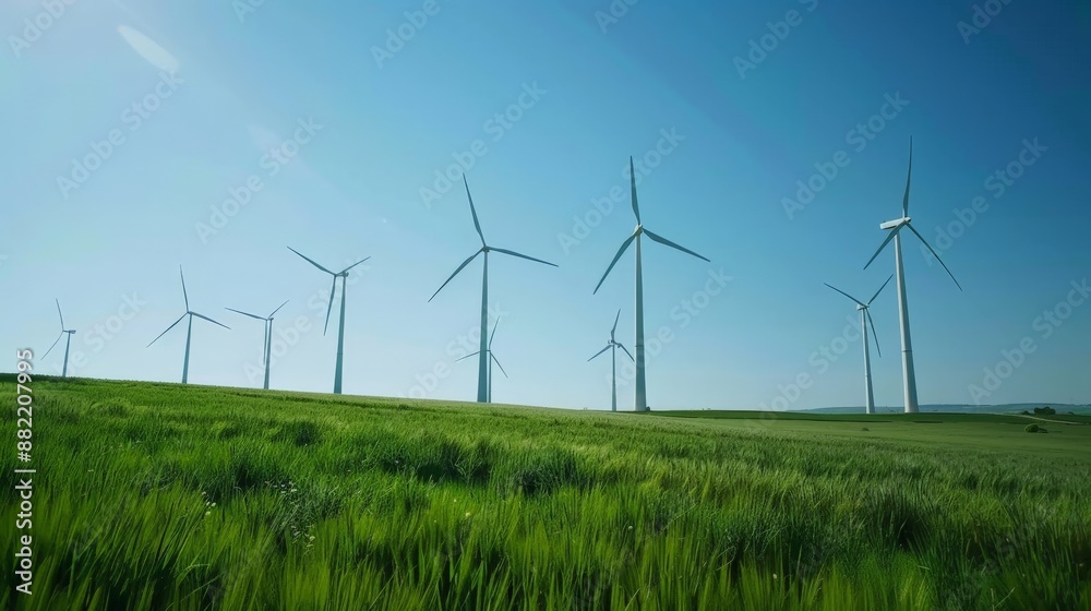 Several wind turbines on a green field under a clear blue sky. Several wind turbines on a green field under a clear blue sky.