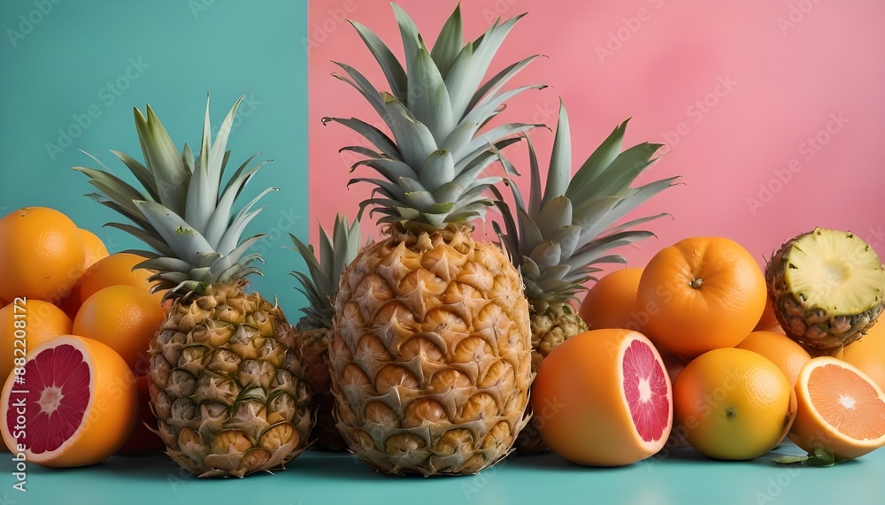 A colorful still life arrangement featuring a pineapple and some other fruits A colorful still life arrangement featuring a pineapple and some other fruits