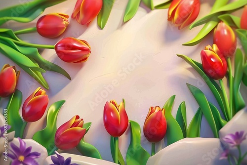 Red and yellow tulips arranged on a solid background photo