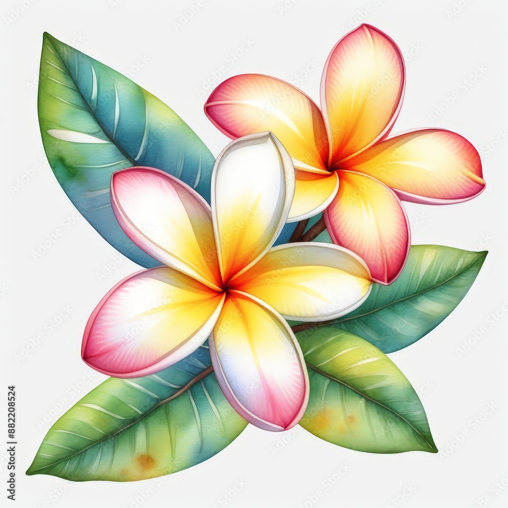Tropical Plumeria Flowers with Green Leaves. Tropical Plumeria Flowers with Green Leaves.