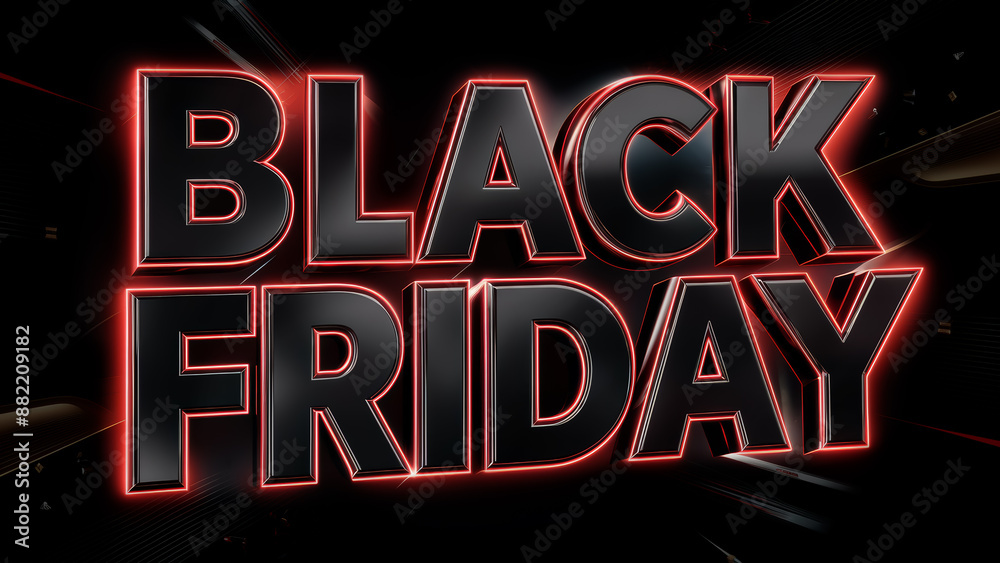 shopping day in Black Friday sign with bold 3D neon glowing text on a dark background for copyspace. Sale discount advertisement 