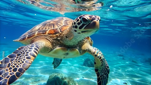 Vertical video, Back view of Se Turtle slowly floats up in blue water resurfacing to breathe, close up, slow motion. Hawksbill Se Turtle or Biss (Eretmochelys imbricata)