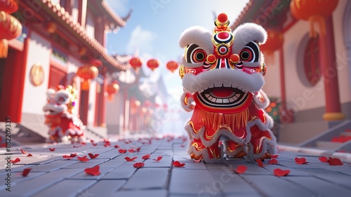 Vibrant Lion Dance Celebration in Traditional Red Lantern Street photo