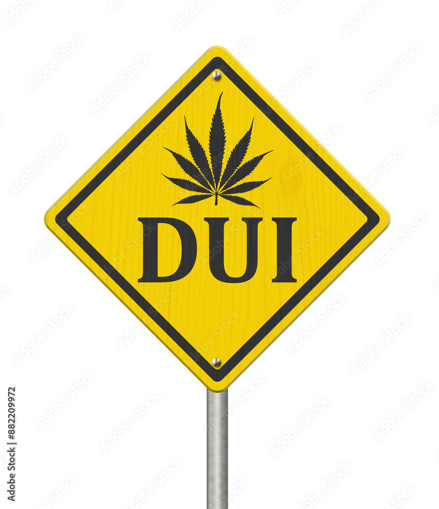 Yellow warning DWI with marijuana leaf road sign Yellow warning DWI with marijuana leaf road sign