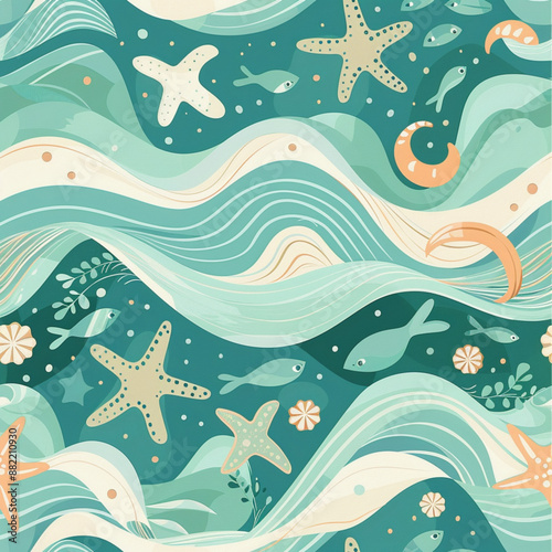 seamless pattern, Cute Pattern, Summer, Sea, Waves