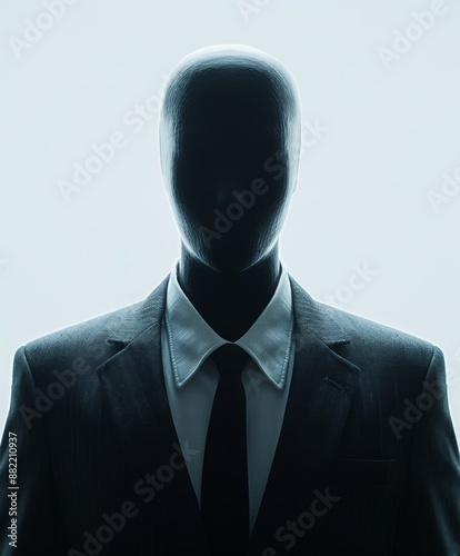 Silhouette of a faceless man in a suit, evoking mystery and anonymity, ideal for themes of corporate identity and intrigue. photo