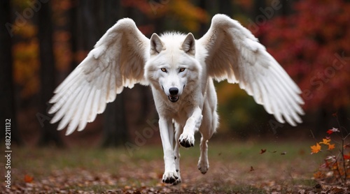 The fantastical creature of the white wolf has white wings, running in the autumn forest.