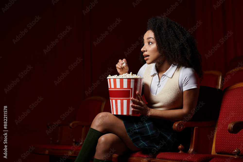 Naklejka premium A young woman captivated by the film on screen, sits in a theater seat with a bucket of popcorn, eagerly watching.