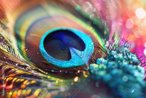 A close-up view of a peacock feather, showcasing the intricate details and vibrant colors of the eye. The feather appears wet, with tiny droplets of water highlighting the iridescent patterns.