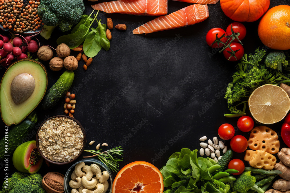 Flat lay of various healthy foods on a black background with copy space for text. Flat lay of various healthy foods on a black background with copy space for text.
