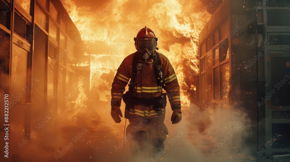 A brave firefighter in protective gear stands among flames and smoke in an office building, showcasing the heroism and sacrifice of emergency responders. A brave firefighter in protective gear stands among flames and smoke in an office building, showcasing the heroism and sacrifice of emergency responders.
