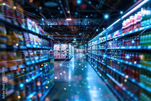 A retail store aisle is illuminated by a digital network of connections, showcasing the integration of technology in modern shopping experiences.