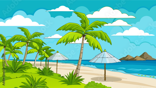 beach witbeach, sea, palm, summer, island, tree, tropical, sand, ocean, water, sun, travel, holiday, sky, vacation, landscape, vector, illustration, nature, paradise, umbrella, relax, exoth palm trees © Kanay