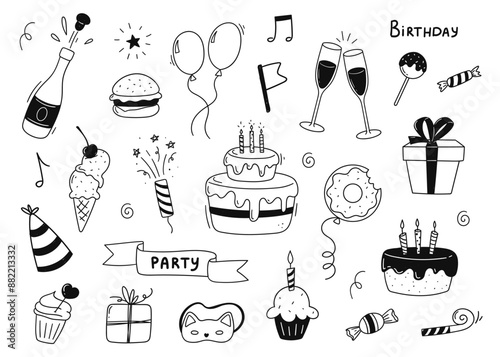 Birthday elements. Hand drawn birthday doodles. Party, carnival celebration. Vector illustration