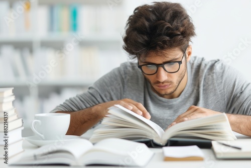Focused young man studying with books in a library or study space, wearing glasses and a gray sweater.