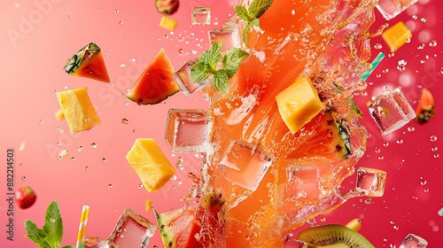 Cocktail fruité éclaboussant avec glaçons et fruits frais