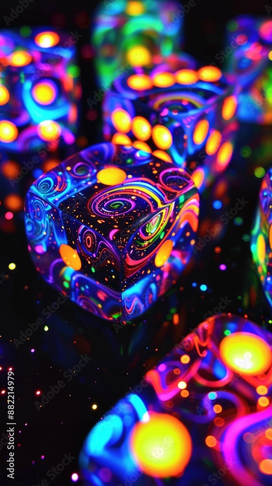 Fototapeta premium Neon Dice in a Dark Setting