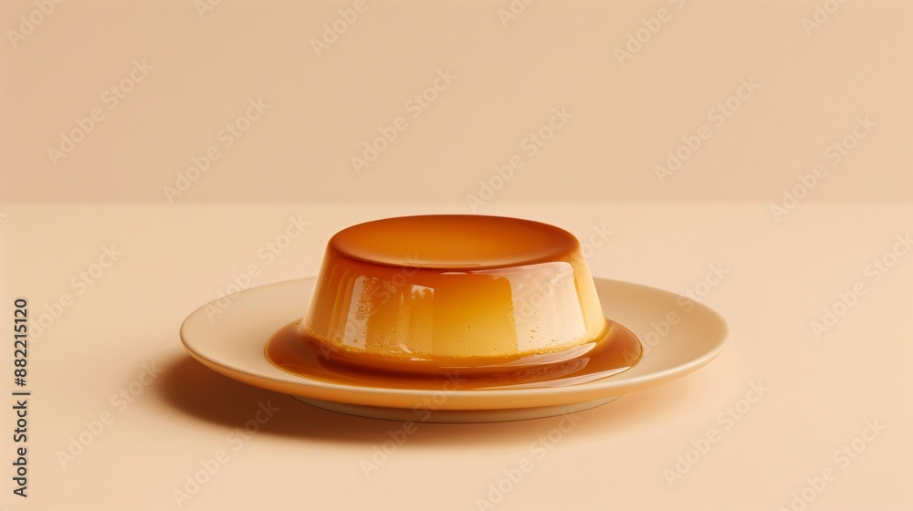 A soft beige background showcasing a modern caramel flan with a perfectly smooth surface and a caramel drizzle A soft beige background showcasing a modern caramel flan with a perfectly smooth surface and a caramel drizzle