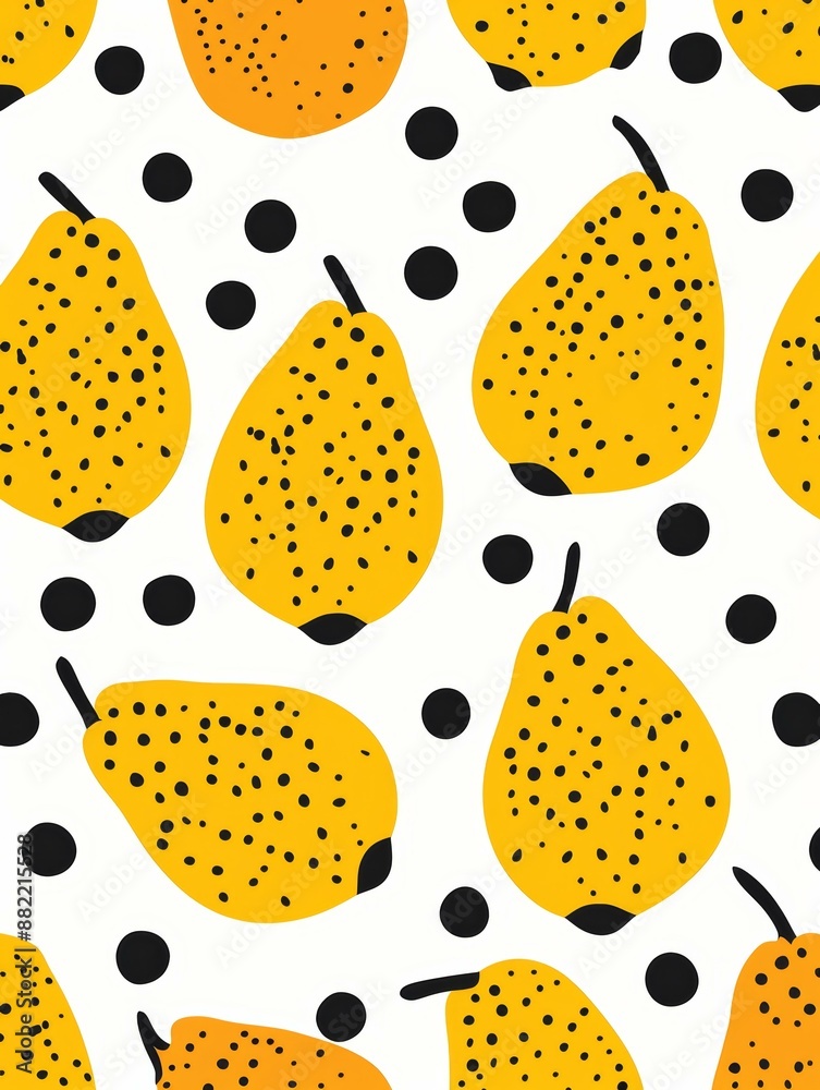 A repeating pattern of yellow pears with black dots on a white background A repeating pattern of yellow pears with black dots on a white background