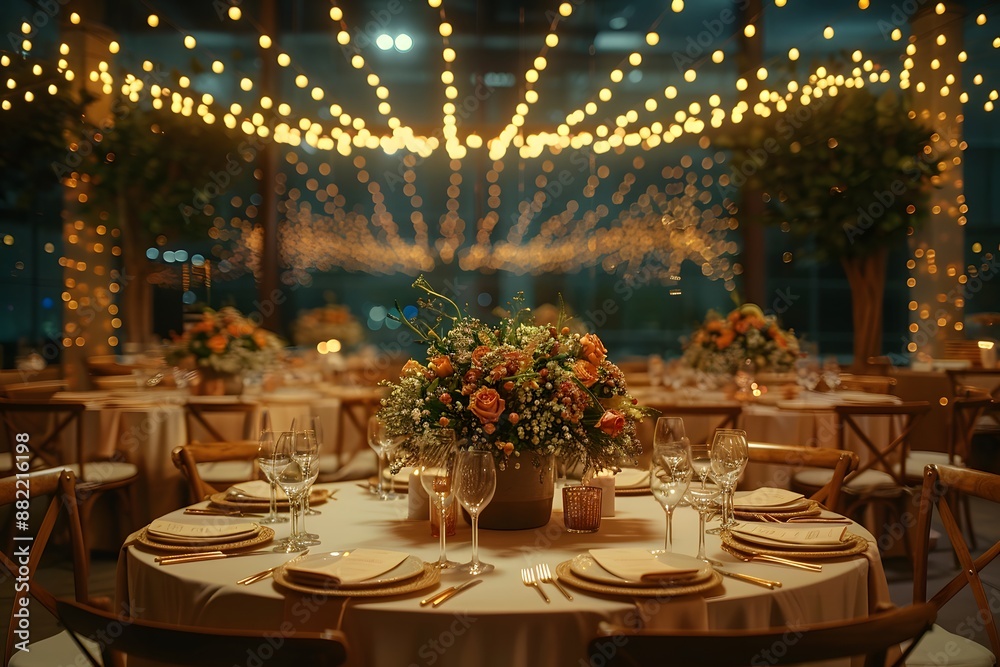Obraz premium Elegant wedding reception setup with floral centerpieces and string lights in decorated venue