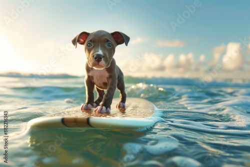 A pitbull pup on a surfboard in the sea