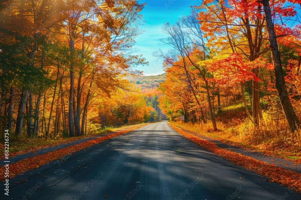 a scenic drive through a forest with vibrant fall foliage. The road is lined with colorful trees, and the sunlight creates a beautiful dappled effect on the pavement. a scenic drive through a forest with vibrant fall foliage. The road is lined with colorful trees, and the sunlight creates a beautiful dappled effect on the pavement.