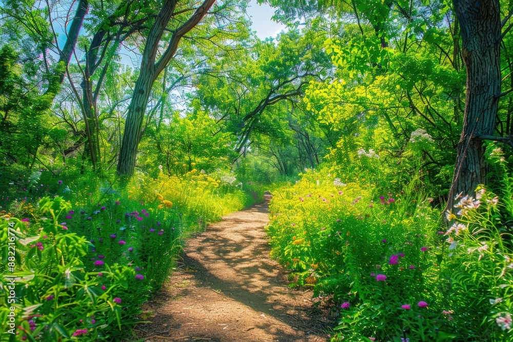 a scenic nature trail on a bright sunny day. The trail is lined with lush green trees and wildflowers, and the sunlight filters through the leaves. a scenic nature trail on a bright sunny day. The trail is lined with lush green trees and wildflowers, and the sunlight filters through the leaves.